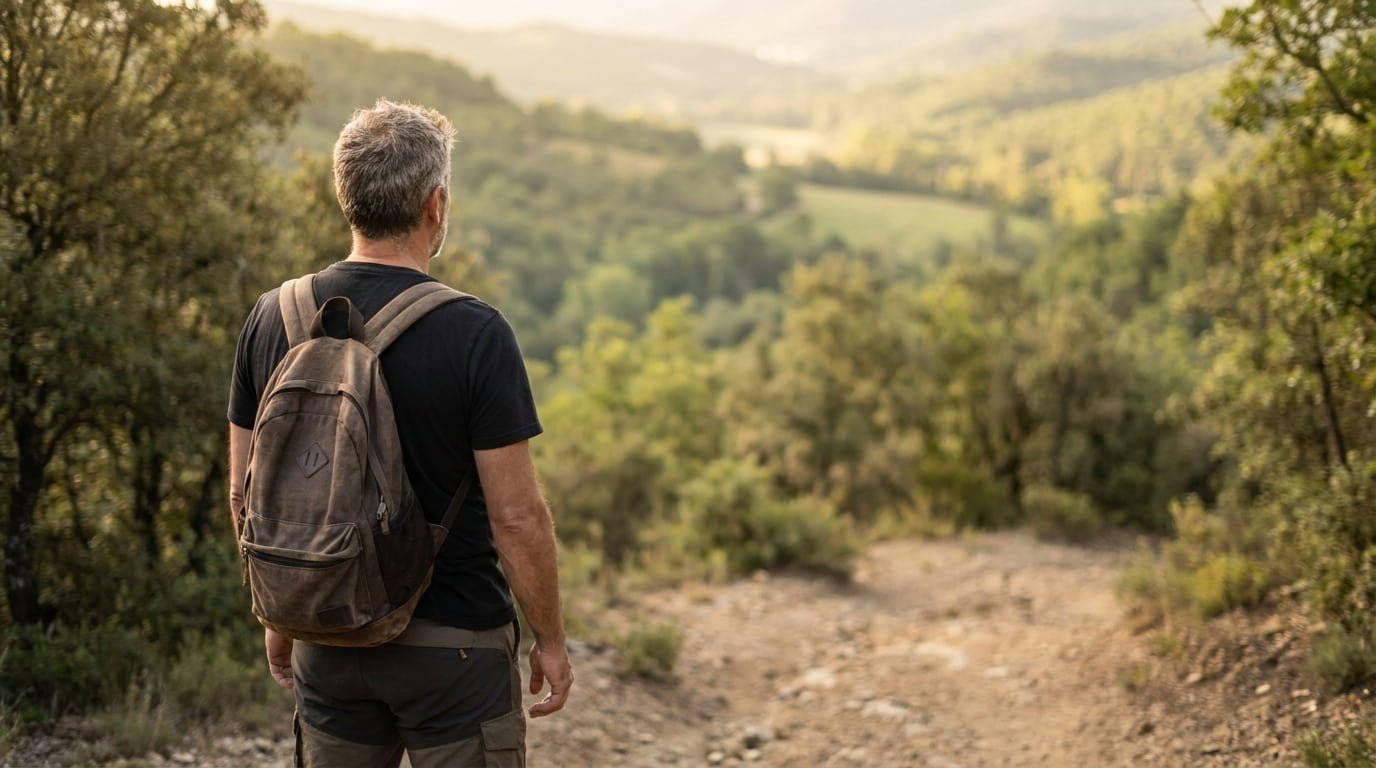 Man on a sunlit hiking trail looking at a green valley